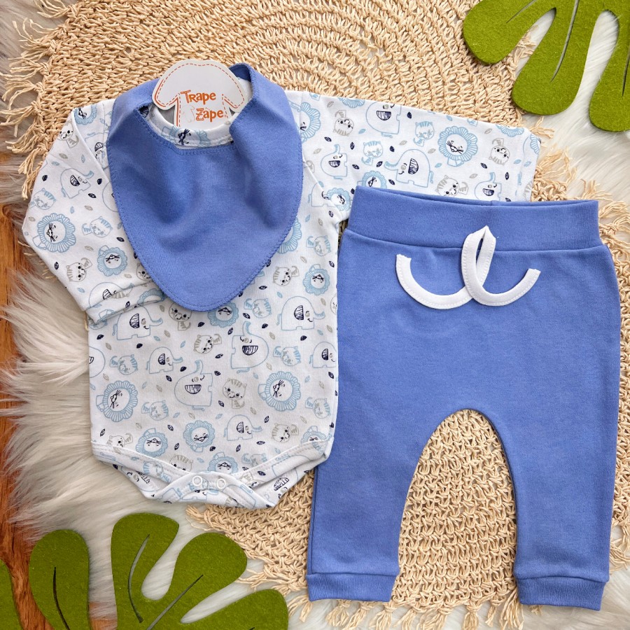 Conj. Body Manga Longa, Calça e Babador Bandana Bichinhos - Azul Bic